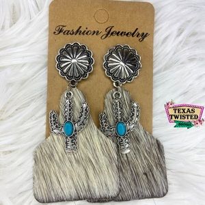 Gray Leather Cowhide Ear Tag Cactus w/Turquoise Stone Western Drop Earrings